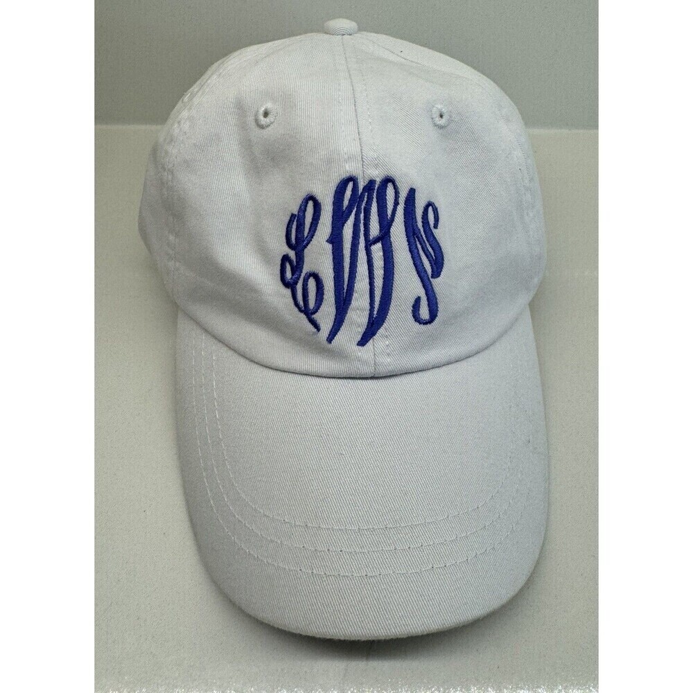 Monogrammed Hat Cap White Blue letter Adjustable Leather Strap Back Adams NEW
